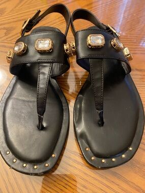 Black Jeweled T-Strap Sandals with Gold Accents - Women